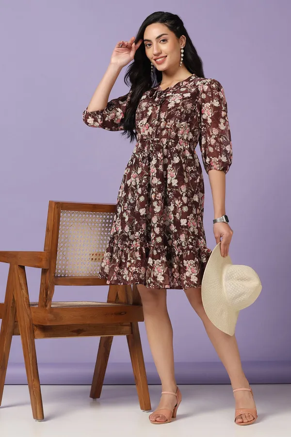 Brown_Georgette_Floral_Print_Knee_Length_Dress_For_Women