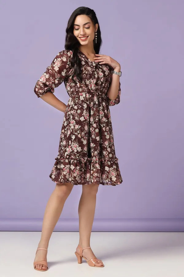 Brown_Georgette_Floral_Print_Knee_Length_Dress_For_Women
