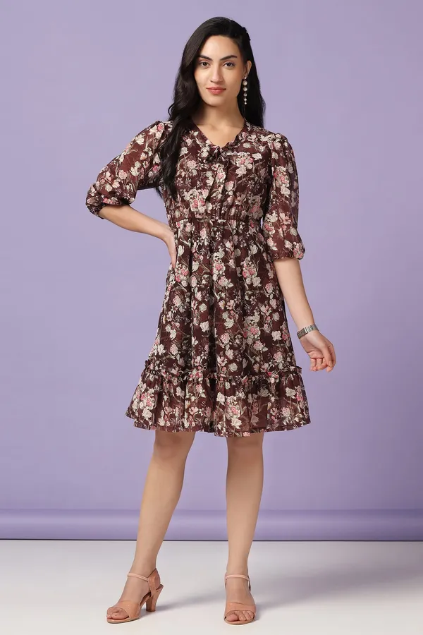 Brown_Georgette_Floral_Print_Knee_Length_Dress_For_Women