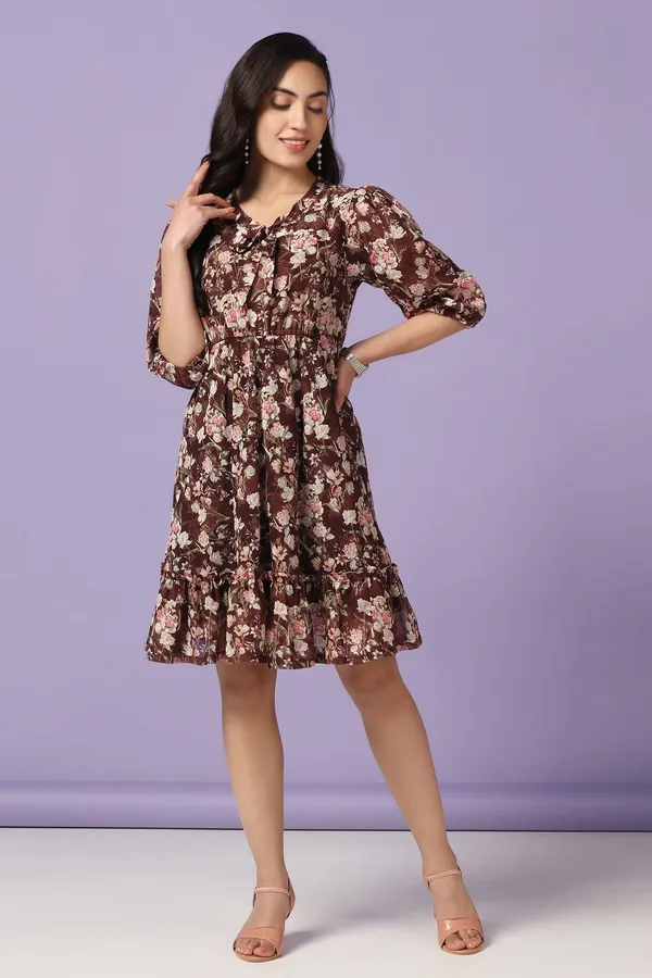 Brown_Georgette_Floral_Print_Knee_Length_Dress_For_Women