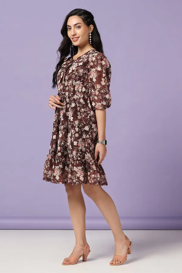 Brown_Georgette_Floral_Print_Knee_Length_Dress_For_Women