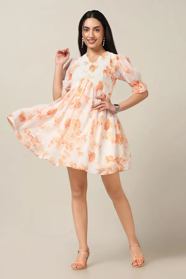 Orange_Georgette_Floral_Print_Above_Knee_Length_Dress_For_Women