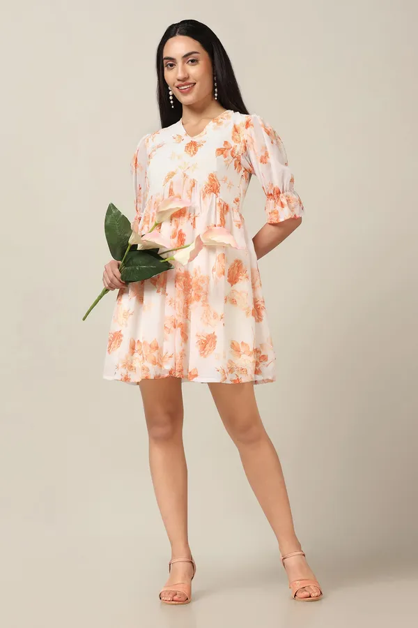 Orange_Georgette_Floral_Print_Above_Knee_Length_Dress_For_Women