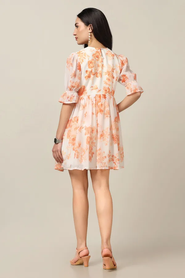 Orange_Georgette_Floral_Print_Above_Knee_Length_Dress_For_Women