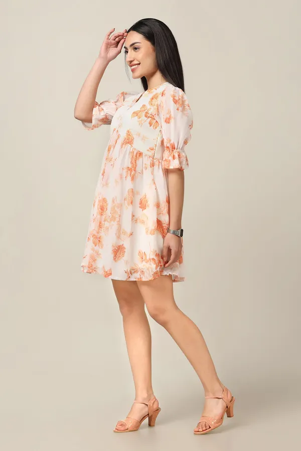 Orange_Georgette_Floral_Print_Above_Knee_Length_Dress_For_Women