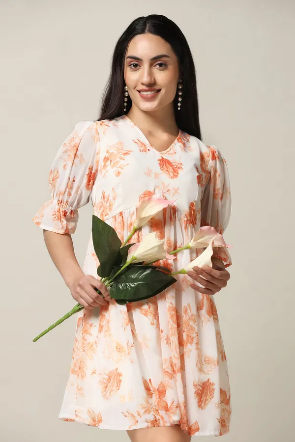 Orange_Georgette_Floral_Print_Above_Knee_Length_Dress_For_Women