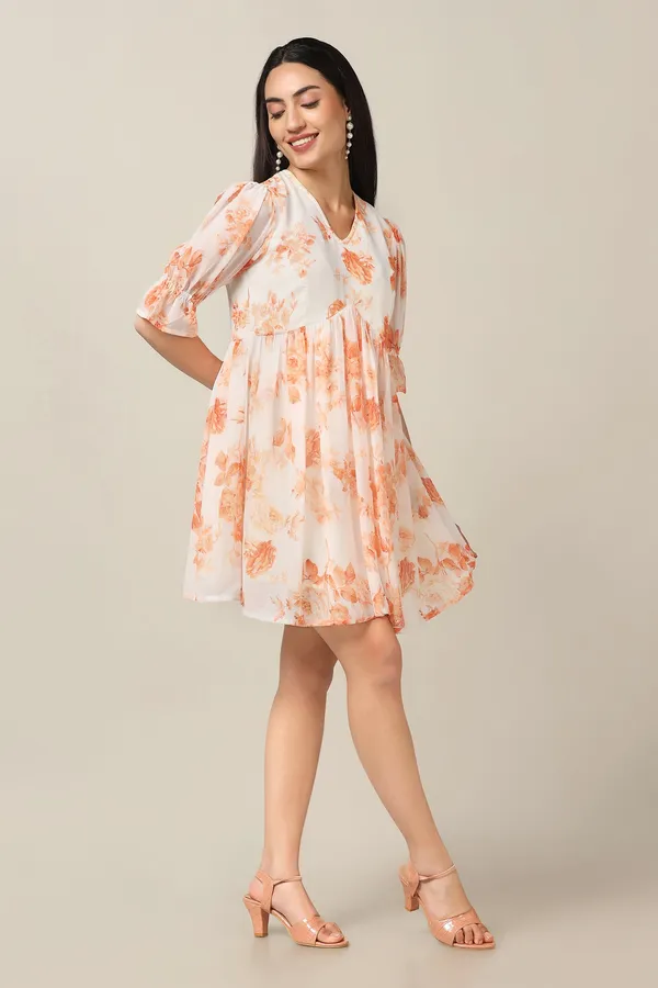 Orange_Georgette_Floral_Print_Above_Knee_Length_Dress_For_Women
