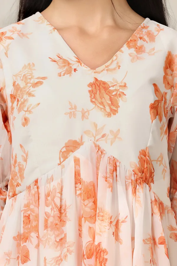 Orange_Georgette_Floral_Print_Above_Knee_Length_Dress_For_Women