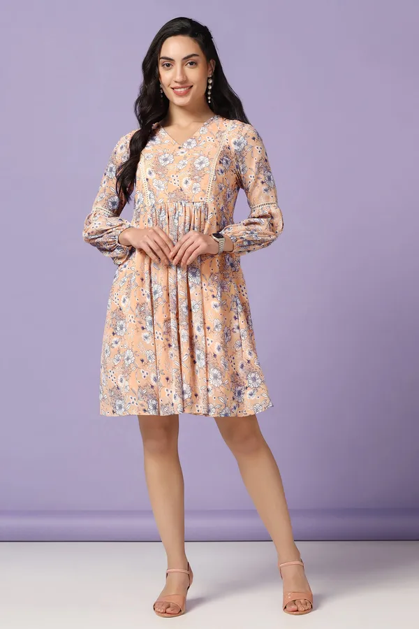 Peach_Chiffon_Floral_Print_Knee_Length_Dress_For_Women