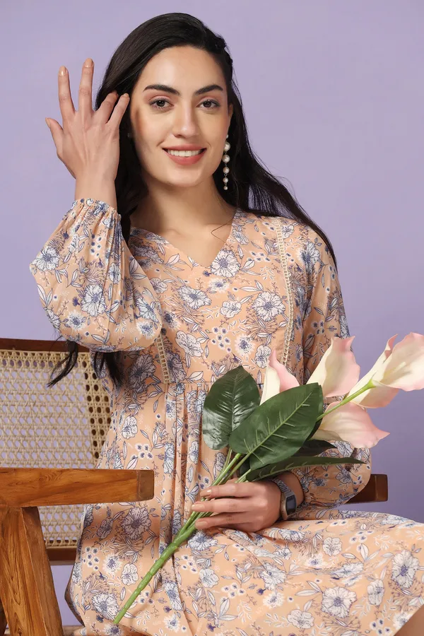 Peach_Chiffon_Floral_Print_Knee_Length_Dress_For_Women