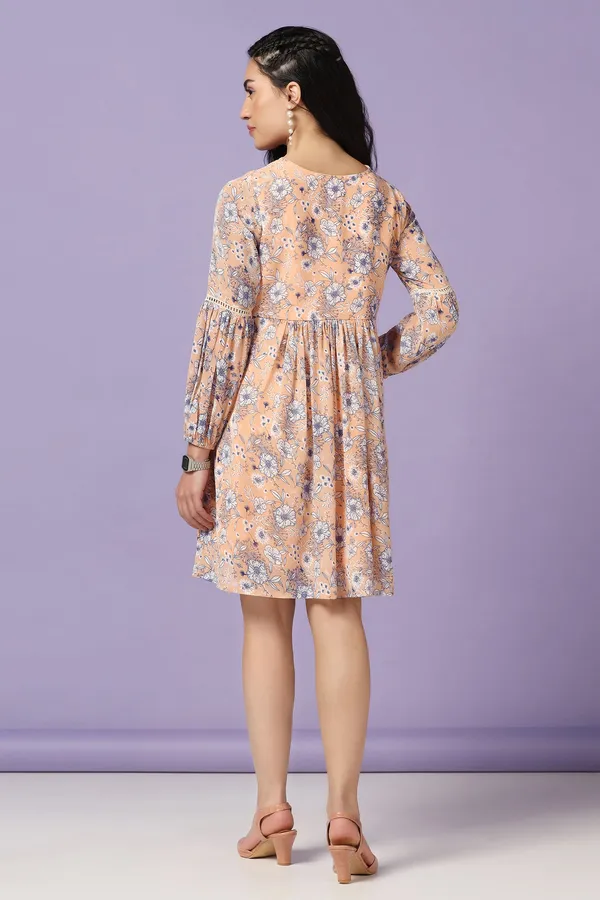 Peach_Chiffon_Floral_Print_Knee_Length_Dress_For_Women