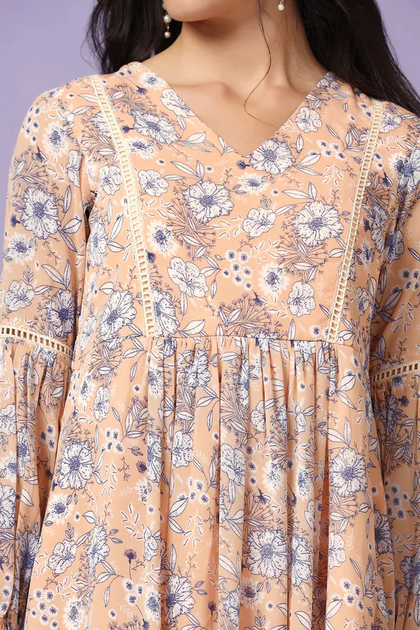 Peach_Chiffon_Floral_Print_Knee_Length_Dress_For_Women