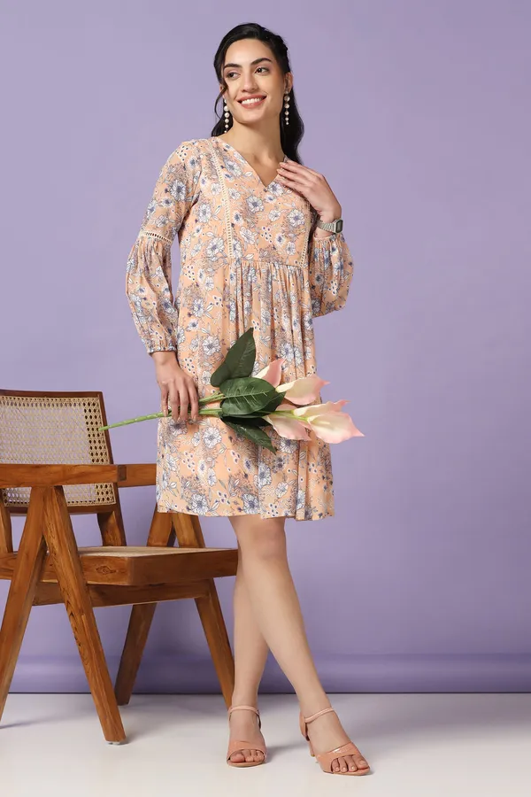 Peach_Chiffon_Floral_Print_Knee_Length_Dress_For_Women