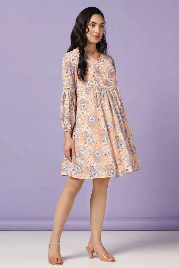 Peach_Chiffon_Floral_Print_Knee_Length_Dress_For_Women