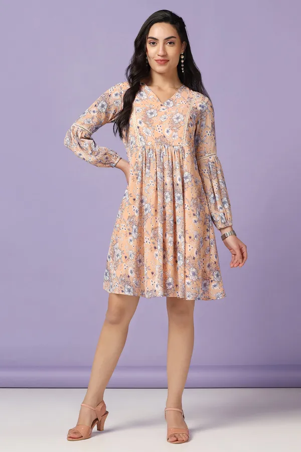 Peach_Chiffon_Floral_Print_Knee_Length_Dress_For_Women