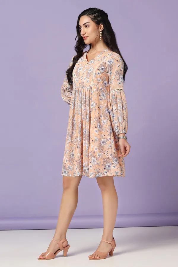 Peach_Chiffon_Floral_Print_Knee_Length_Dress_For_Women