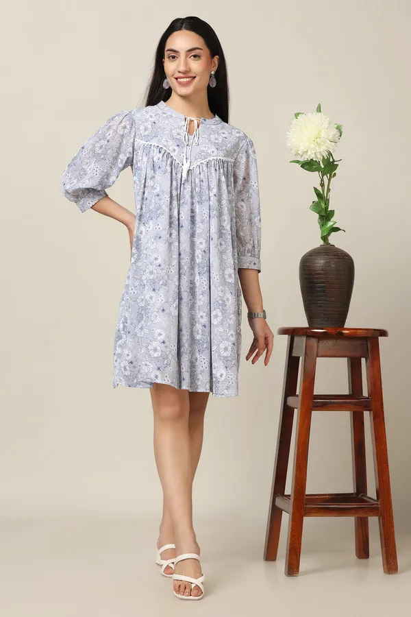 Light_Grey_Chiffon_Floral_Print_Knee_Length_Dress_For_Women