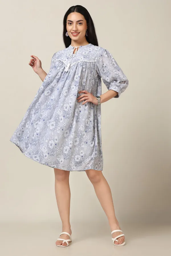 Light_Grey_Chiffon_Floral_Print_Knee_Length_Dress_For_Women