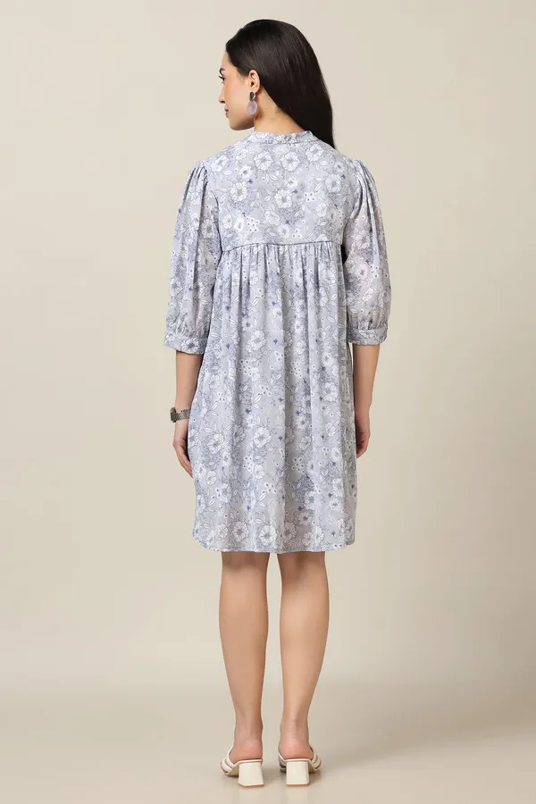 Light_Grey_Chiffon_Floral_Print_Knee_Length_Dress_For_Women