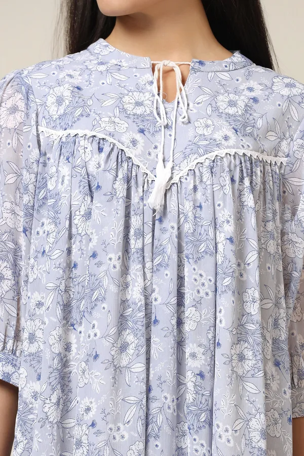 Light_Grey_Chiffon_Floral_Print_Knee_Length_Dress_For_Women