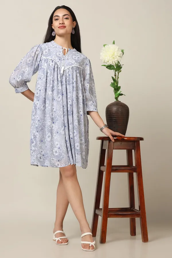 Light_Grey_Chiffon_Floral_Print_Knee_Length_Dress_For_Women