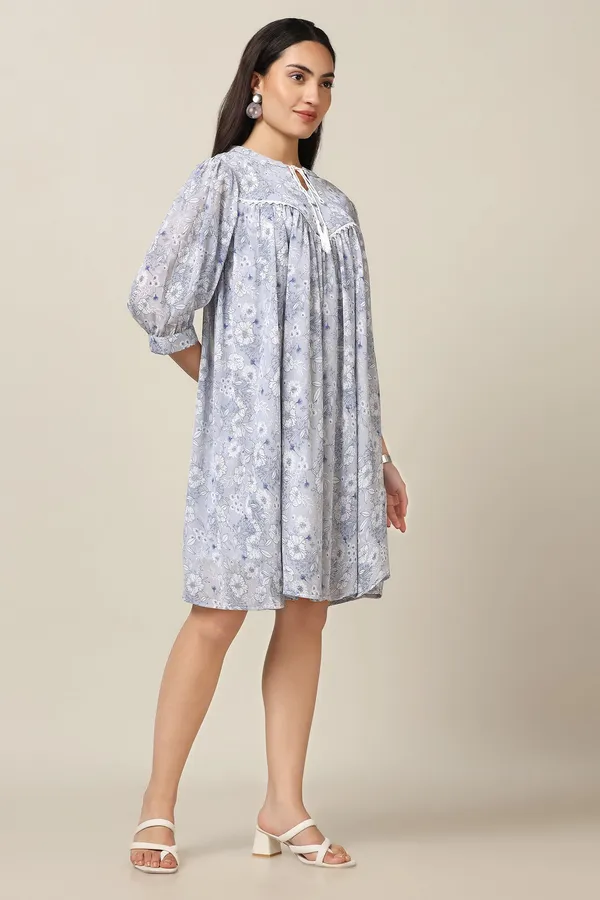 Light_Grey_Chiffon_Floral_Print_Knee_Length_Dress_For_Women