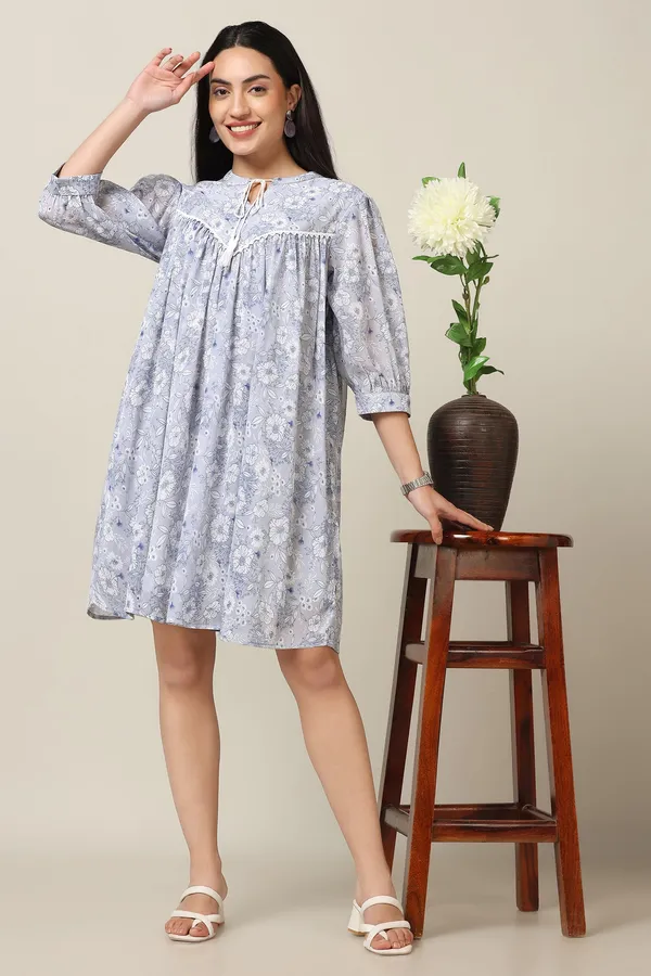 Light_Grey_Chiffon_Floral_Print_Knee_Length_Dress_For_Women