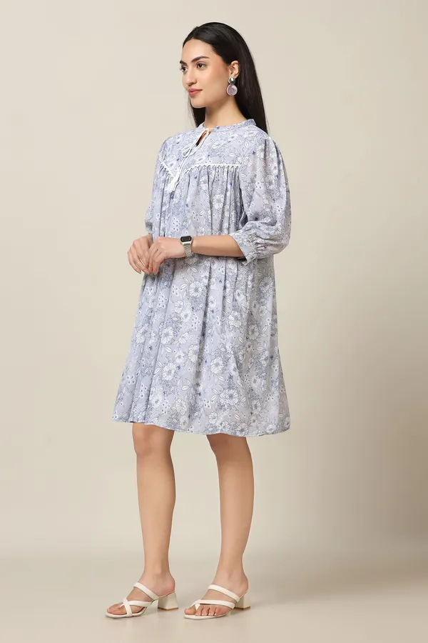 Light_Grey_Chiffon_Floral_Print_Knee_Length_Dress_For_Women