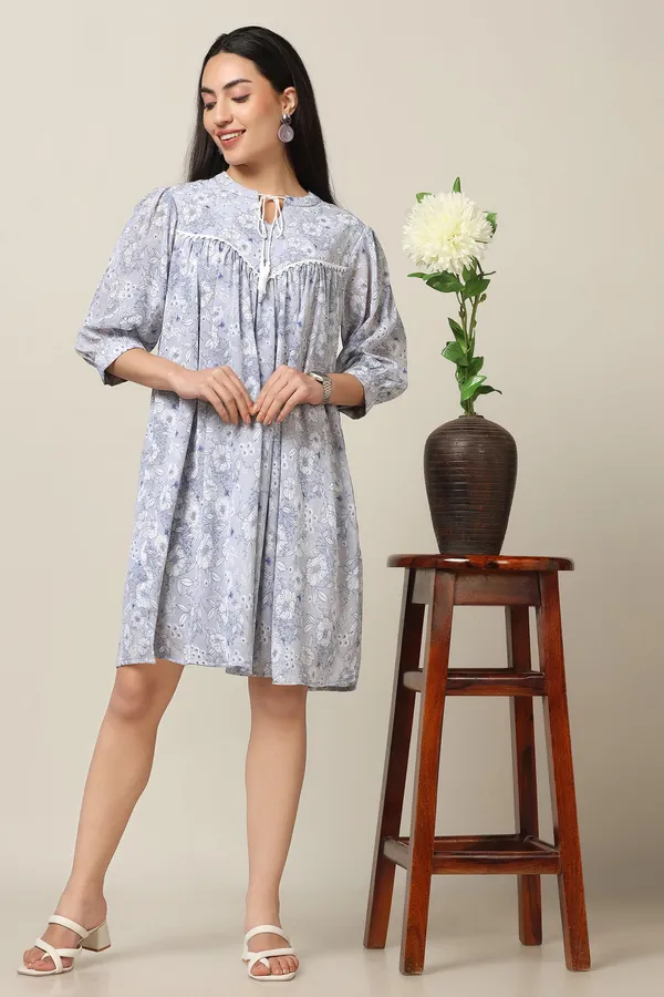 Light_Grey_Chiffon_Floral_Print_Knee_Length_Dress_For_Women