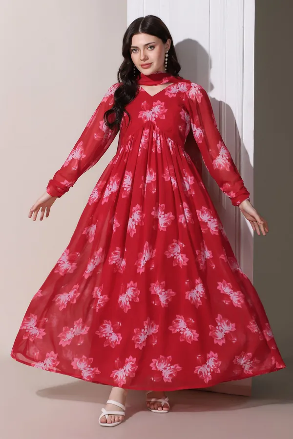 Red_Georgette_Floral_Print_Maxi_Length_Dress_With_Dupatta_For_Women