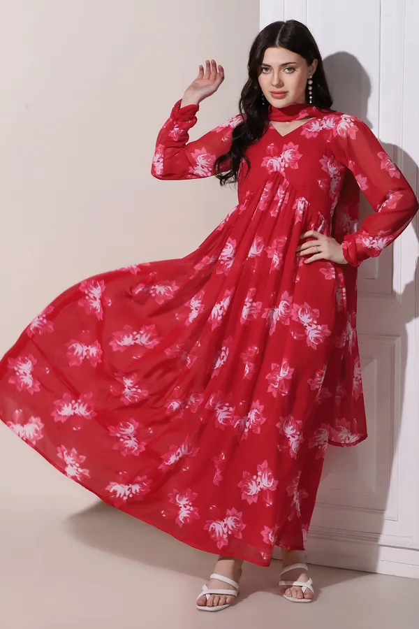 Red_Georgette_Floral_Print_Maxi_Length_Dress_With_Dupatta_For_Women