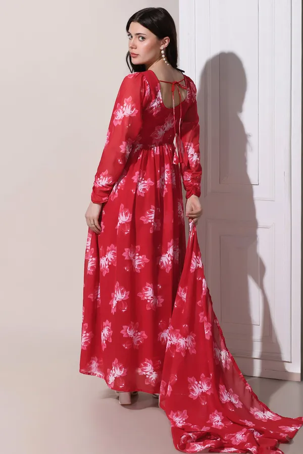 Red_Georgette_Floral_Print_Maxi_Length_Dress_With_Dupatta_For_Women