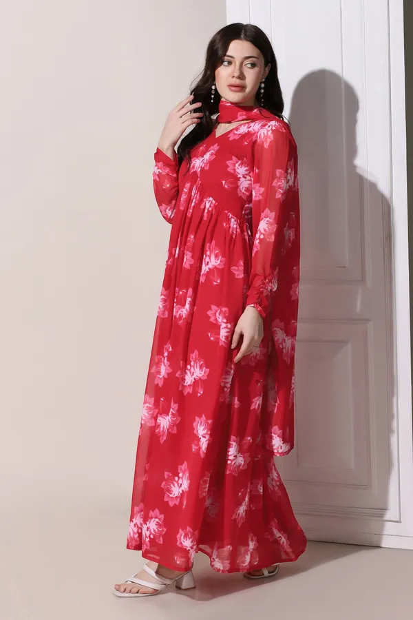 Red_Georgette_Floral_Print_Maxi_Length_Dress_With_Dupatta_For_Women