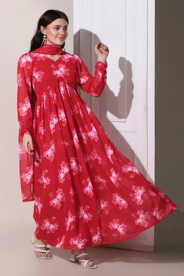 Red_Georgette_Floral_Print_Maxi_Length_Dress_With_Dupatta_For_Women