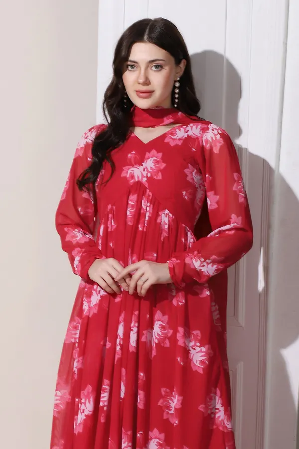 Red_Georgette_Floral_Print_Maxi_Length_Dress_With_Dupatta_For_Women