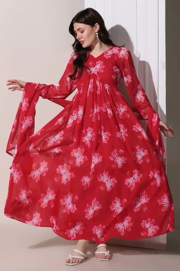 Red_Georgette_Floral_Print_Maxi_Length_Dress_With_Dupatta_For_Women