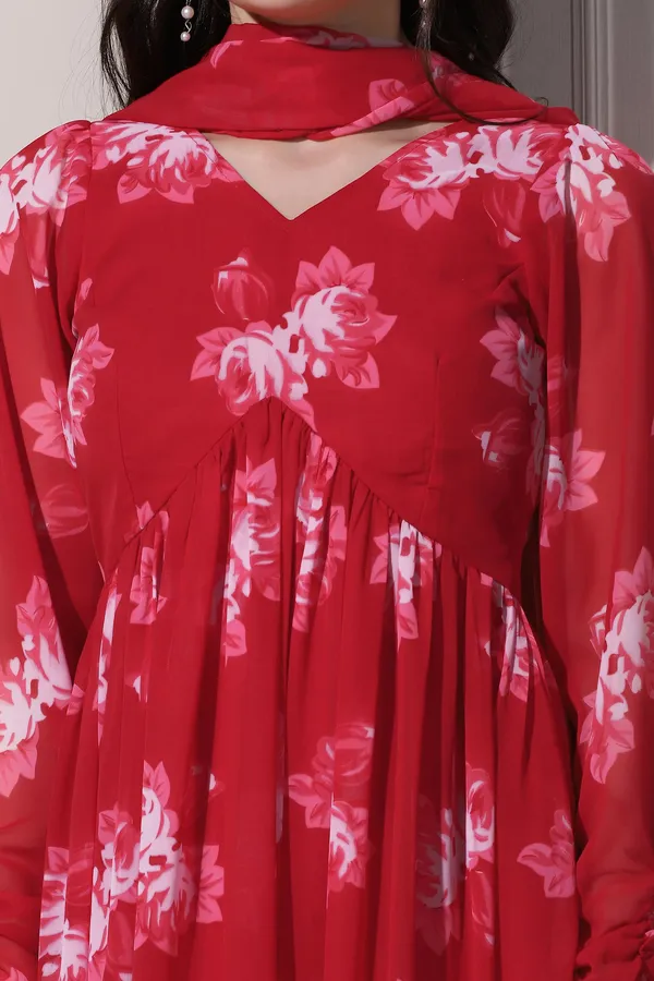 Red_Georgette_Floral_Print_Maxi_Length_Dress_With_Dupatta_For_Women