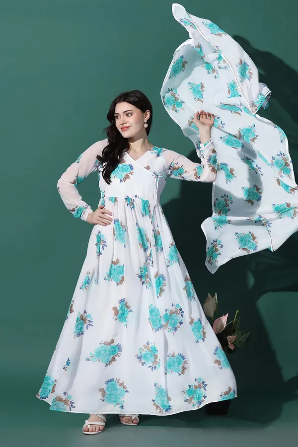 White_Georgette_Floral_Print_Maxi_Dress_With_Dupatta_Set_For_Women