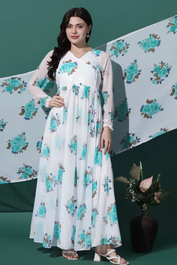 White_Georgette_Floral_Print_Maxi_Dress_With_Dupatta_Set_For_Women
