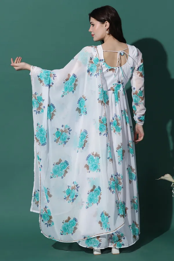White_Georgette_Floral_Print_Maxi_Dress_With_Dupatta_Set_For_Women