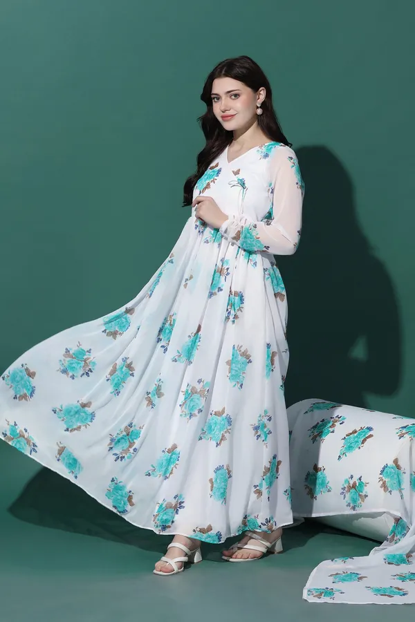 White_Georgette_Floral_Print_Maxi_Dress_With_Dupatta_Set_For_Women