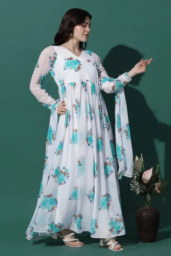 White_Georgette_Floral_Print_Maxi_Dress_With_Dupatta_Set_For_Women