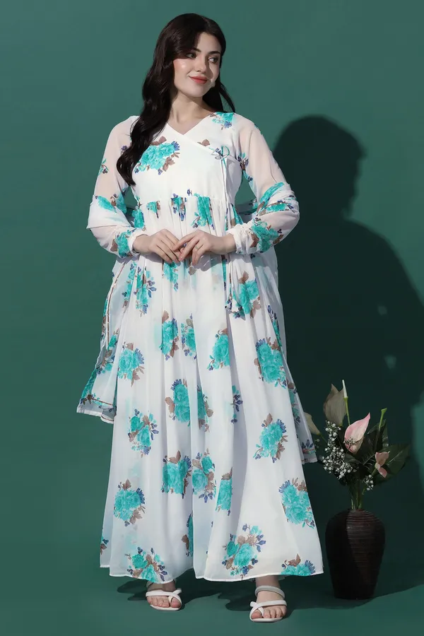 White_Georgette_Floral_Print_Maxi_Dress_With_Dupatta_Set_For_Women