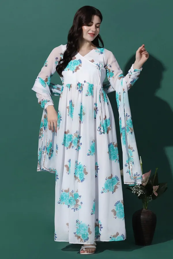 White_Georgette_Floral_Print_Maxi_Dress_With_Dupatta_Set_For_Women