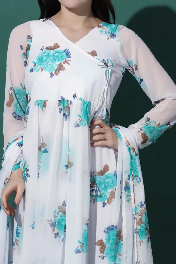 White_Georgette_Floral_Print_Maxi_Dress_With_Dupatta_Set_For_Women