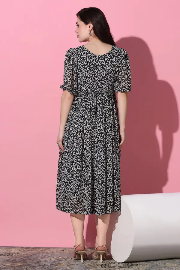 Black_Georgette_Animal_Print_Calf_Length_Dress_For_Women