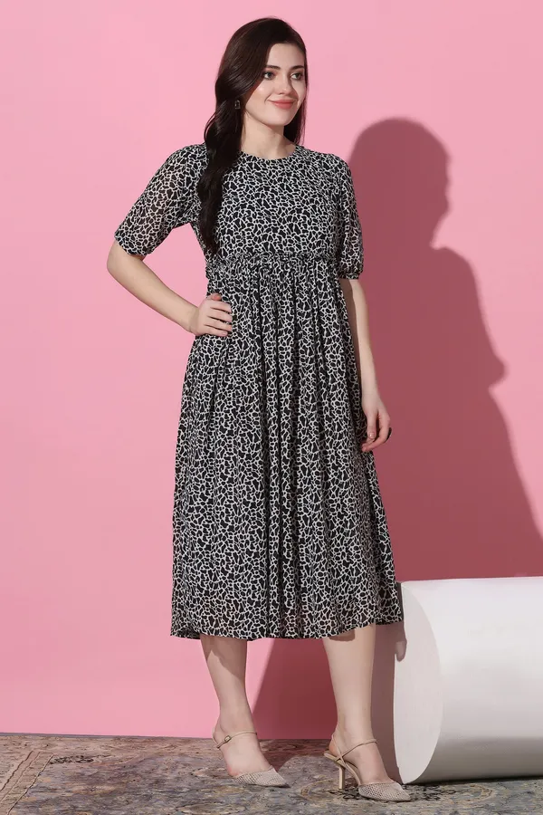 Black_Georgette_Animal_Print_Calf_Length_Dress_For_Women