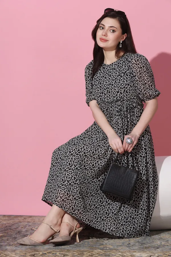 Black_Georgette_Animal_Print_Calf_Length_Dress_For_Women