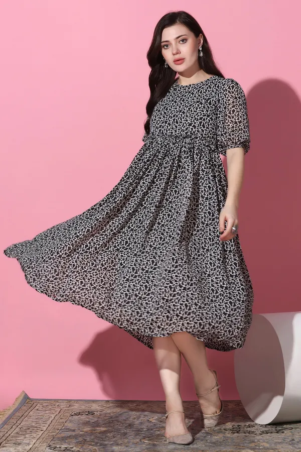 Black_Georgette_Animal_Print_Calf_Length_Dress_For_Women