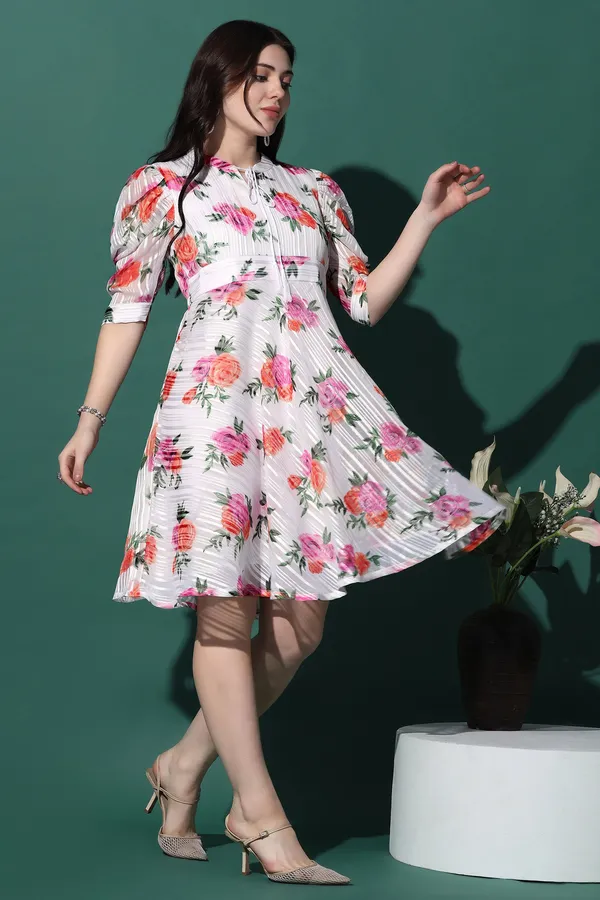 White_Georgette_Floral_Print_Fit_And_Flare_Knee_Length_Dress_For_Women